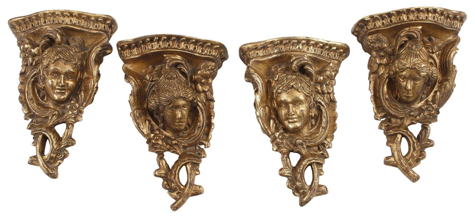 (4) LOUIS XV STYLE GILT-PAINTED WOOD FIGURAL MASK WALL BRACKETS: (lot of 4) Louis XV style carved wood wall brackets, each having shaped shelf, above protruding figural mask, in scrolled rocaille surround, in a gilt-painted finish, approx 14.5"h, 10"w, 4"d, 17lbs t