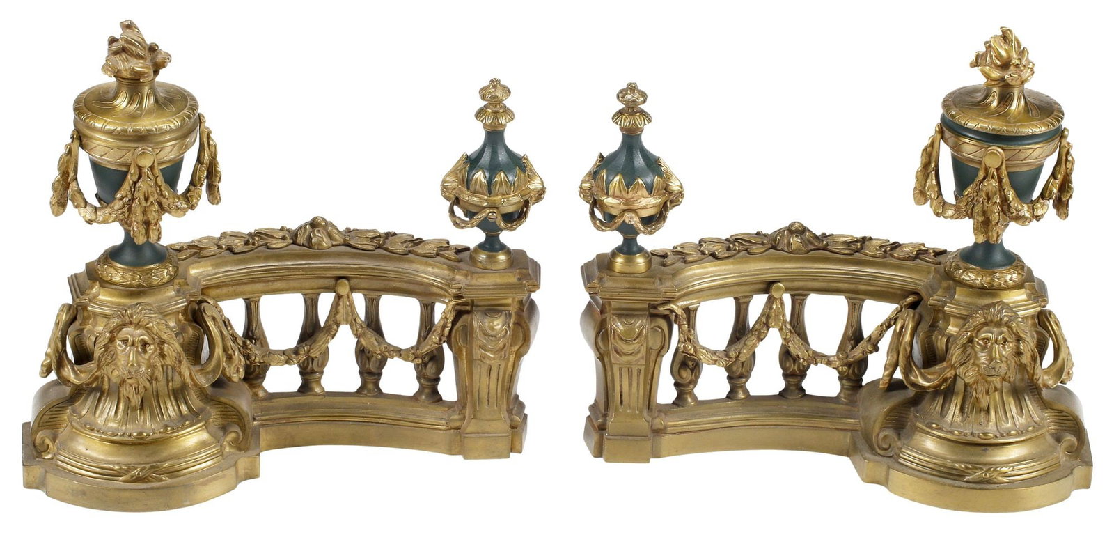 (2) FRENCH LOUIS XVI STYLE ENAMELED ORMOLU FIREPLACE CHENETS (1 of 5)