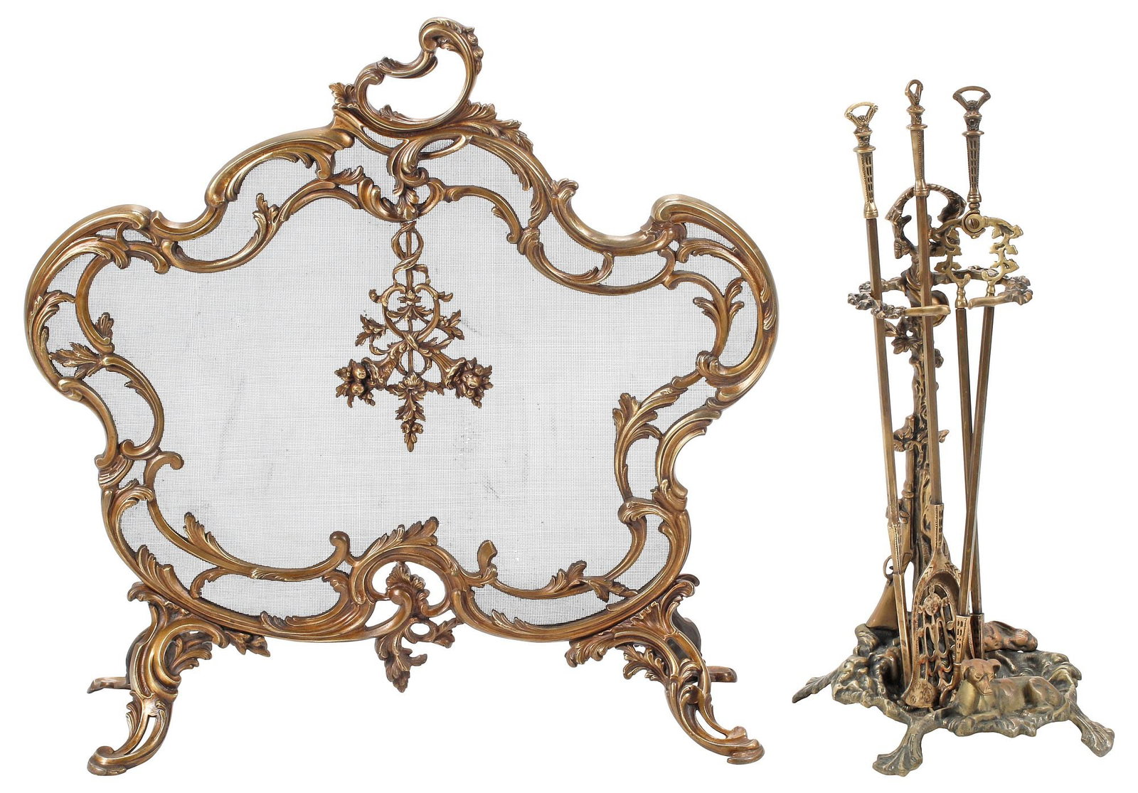 (5) FRENCH ORMOLU FIRESCREEN & FIGURAL DOG PATINATED METAL STAND W/ IMPLEMENTS (1 of 5)