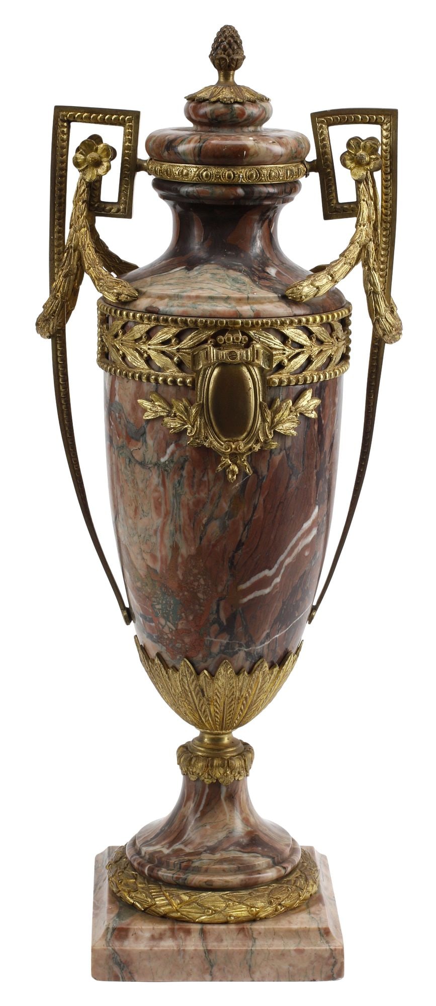 FRENCH LOUIS XVI STYLE ORMOLU-MOUNTED ROUGE MARBLE URN: French Louis XVI style rouge marble urn, 19th c., with bronze dore mounts, having cover with pineapple finial, over dual squared handles and foliate trim, rising on integral socle, approx 23.5"h, 8.5"