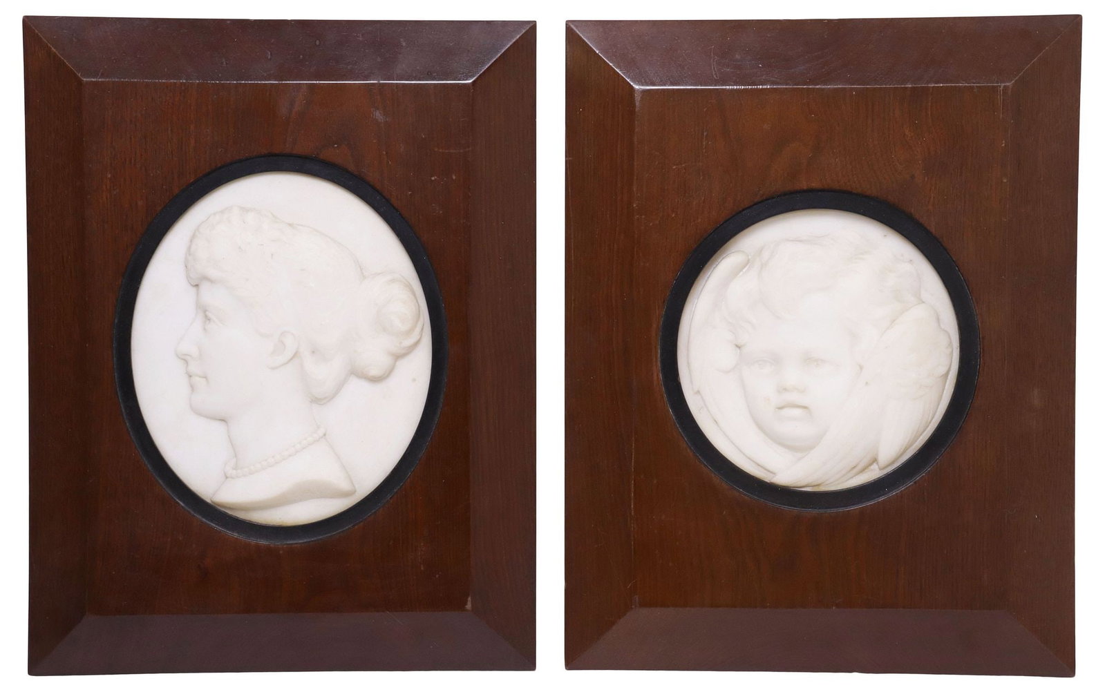 (2) FRAMED CARVED MARBLE RELIEF PLAQUES, FEMALE PORTRAIT & CHERUB MASK (1 of 5)