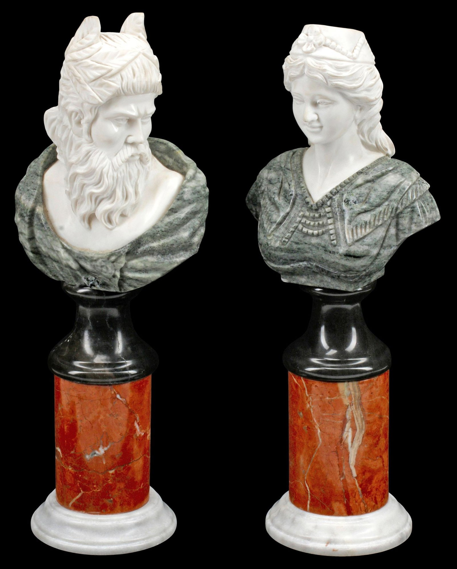 (2) CLASSICAL STYLE CARVED POLYCHROME MARBLE MALE & FEMALE BUSTS (1 of 6)