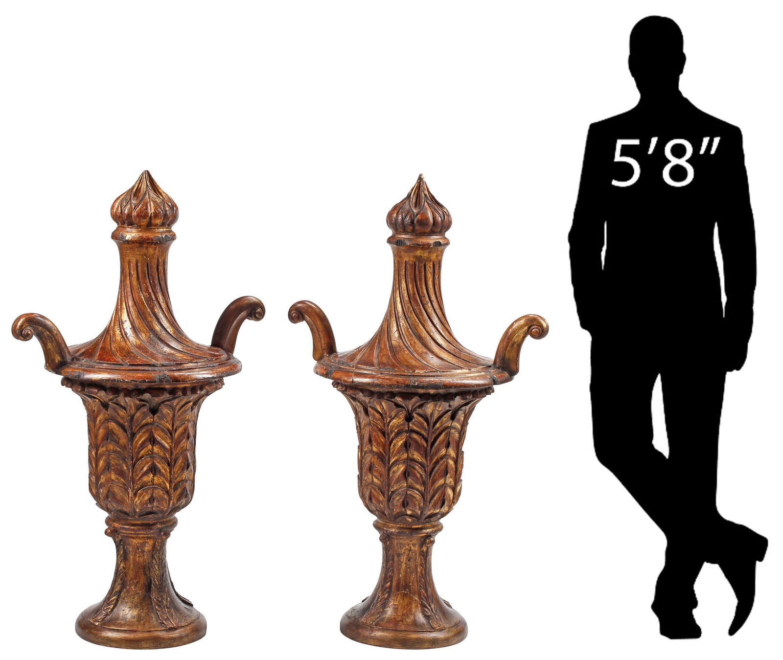 (2) LARGE ITALIANATE PARCEL-GILT WOOD ARCHITECTURAL FINIALS, 47"H: (pair) Large Italianate parcel-gilt carved wood architectural finials, each with fluted vasiform body, on integral socle, one intact with glued restoration to rim, approx 47"h, 27"w, 20"d