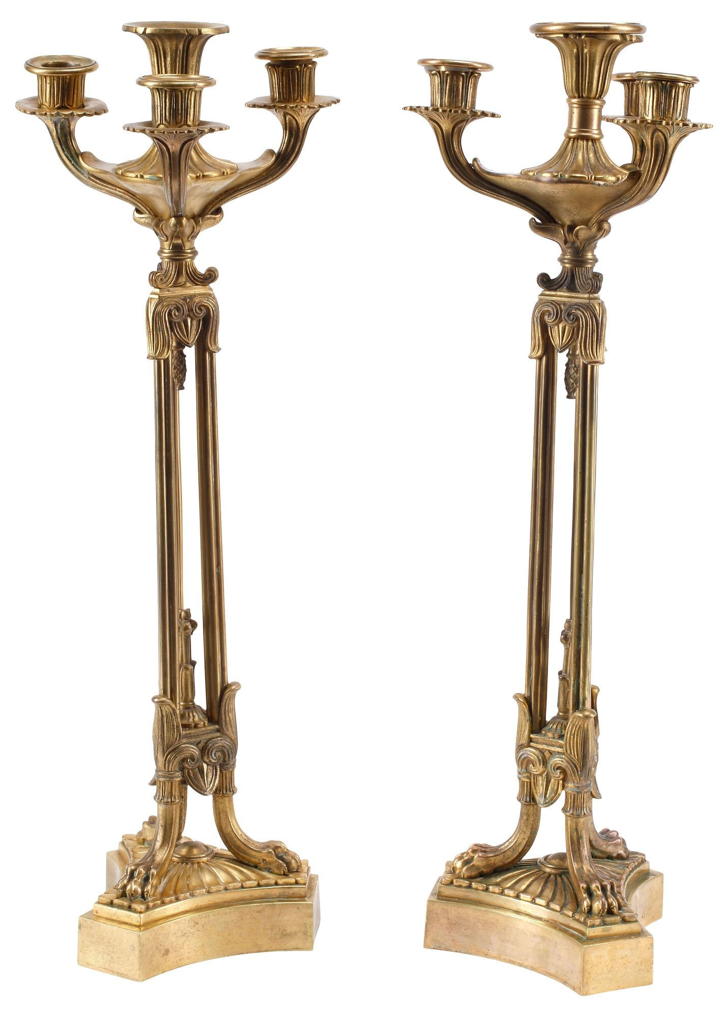 (2) FRENCH NEOCLASSICAL STYLE ORMOLU 4-LIGHT CANDELABRA, 19TH C.: (pair) French Neoclassical style bronze dore four-light candelabra, 19th c., each with fluted candle cups, on a tripod standard with foliate scrolls and fruited pendant, terminating in paw feet, on sh