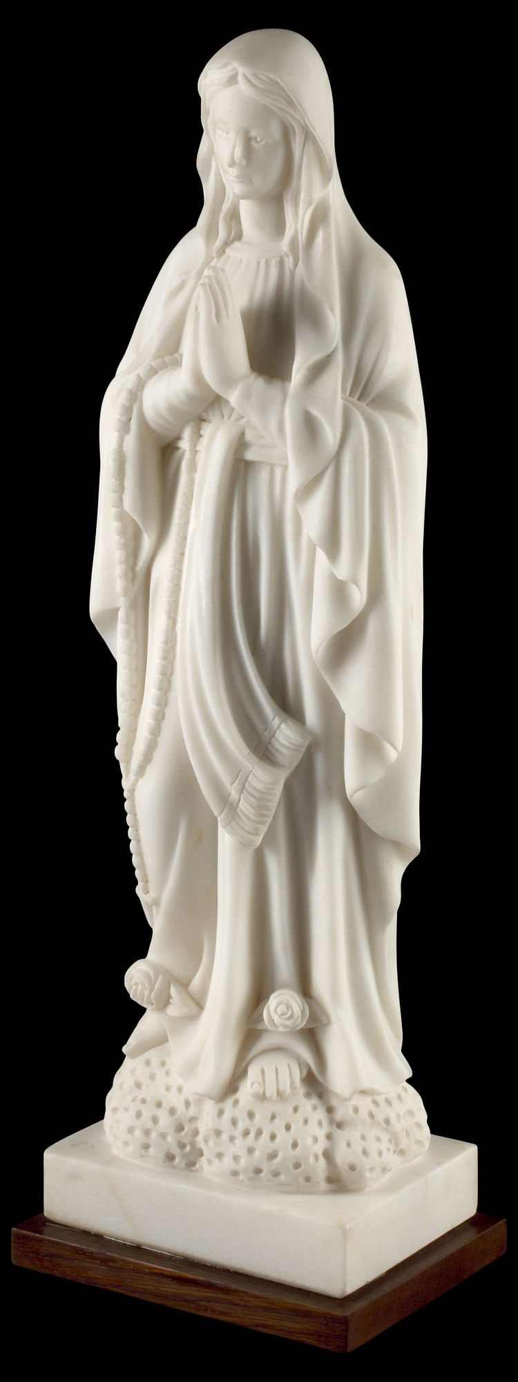CARVED CARRARA MARBLE MADONNA SCULPTURE, OUR LADY OF LOURDES: Carved Carrara marble sculpture, Our Lady of Lourdes, depicting the Virgin Mary standing atop a cloud-form platform, with hands clasped in prayer, approx 26"h, 8"w, 6"d, 42.75lbs