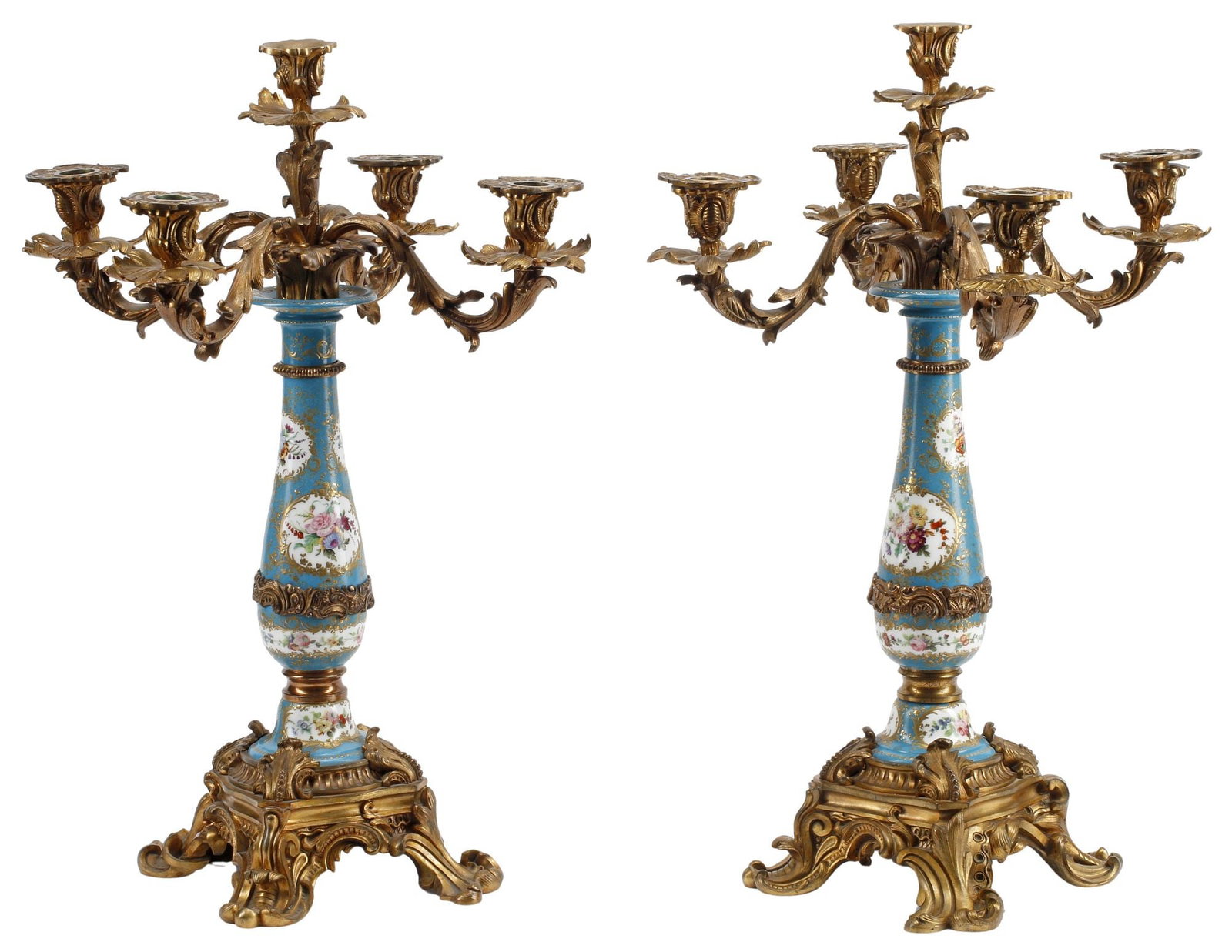 (2) FRENCH SEVRES STYLE ORMOLU-MOUNTED PORCELAIN 5-LIGHT CANDELABRA (1 of 6)