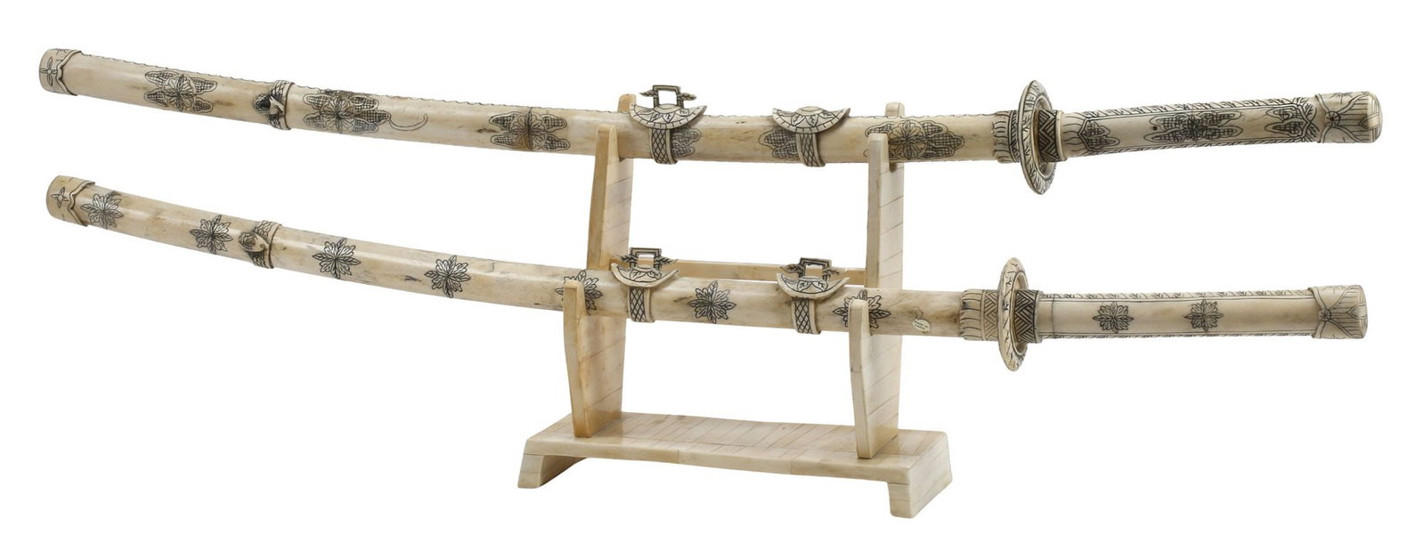 (2) DECORATIVE JAPANESE CARVED BONE SAMURAI SWORDS ON STAND (1 of 8)