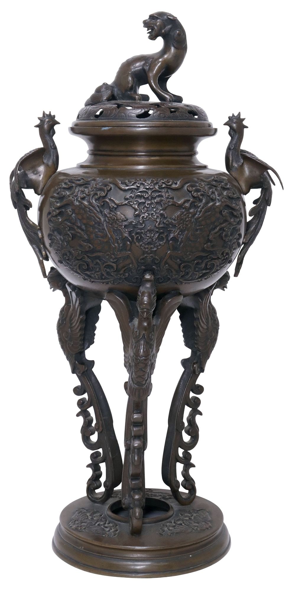 SIGNED JAPANESE MEIJI PATINATED BRONZE 'HOO BIRD' KORO CENSER, 19"H (1 of 9)