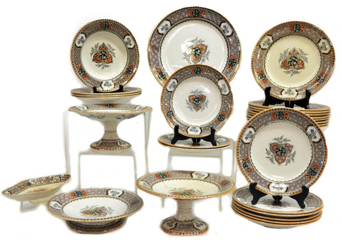 (99) ENGLISH MINTON CHINESE DIAPER DINNER SERVICE: (set of 99) English ceramic dinner service, mid 19th c., impressed mark for Minton, 'Chinese Diaper' (pattern) within a circular device, centering initials, registered number diamond, many bearing Fre