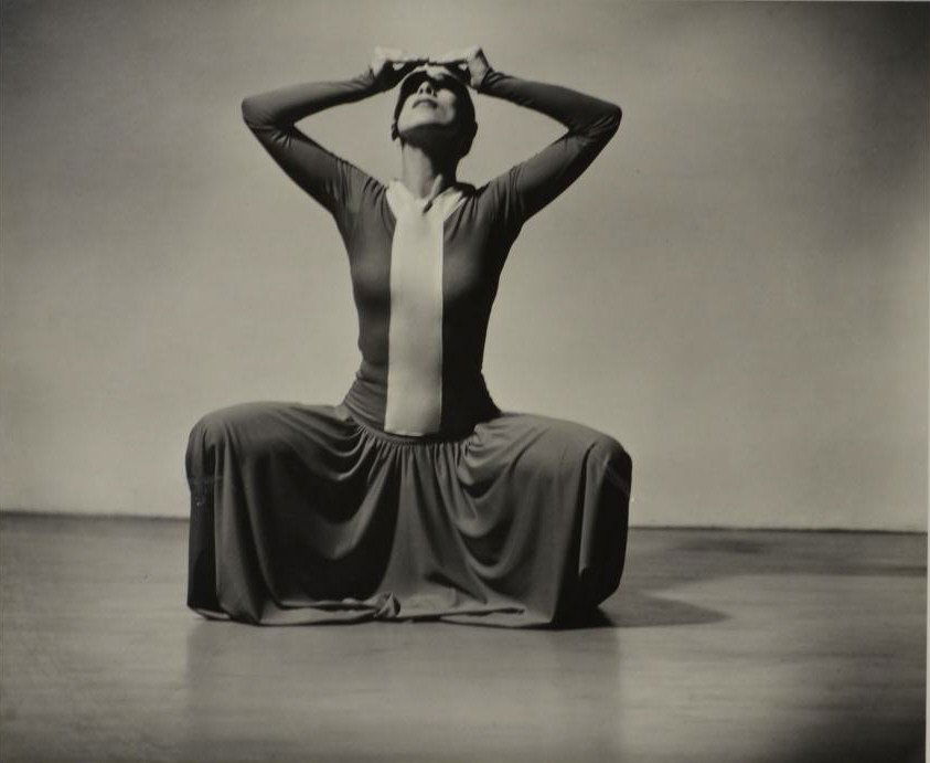 PHOTOGRAPHY, "MARTHA GRAHAM", BARBARA MORGAN: Unframed matted silver gelatin photograph, pencil signed, dated in lower margin "Martha Graham, American Provincials, 1935, Barbara Morgan, 1935" (Barbara Brooks Morgan, California, 1900-1992), again