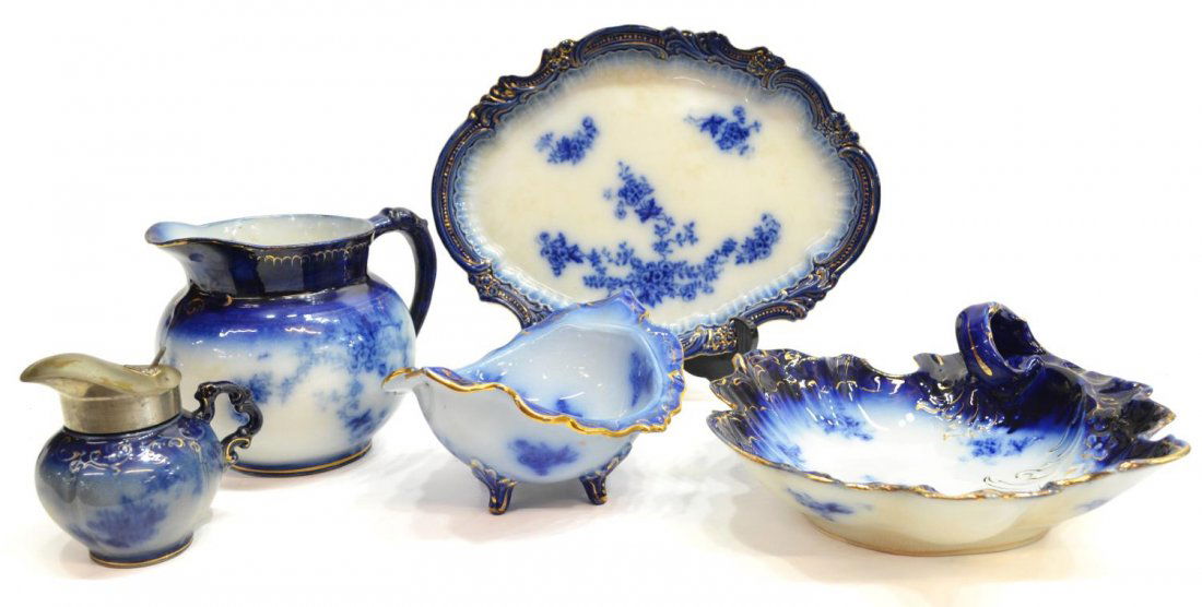 (5) WHEEING 'LA BELLE' FLOW BLUE PITCHER, BOWLS: (lot of 5) Collection Wheeling Pottery 'La Belle China' parcel gilt flow blue dinnerware, slightly varied designs, c. 1900, comprising: (1) handled serving bowl, ruffled edges, varied mark as pictured