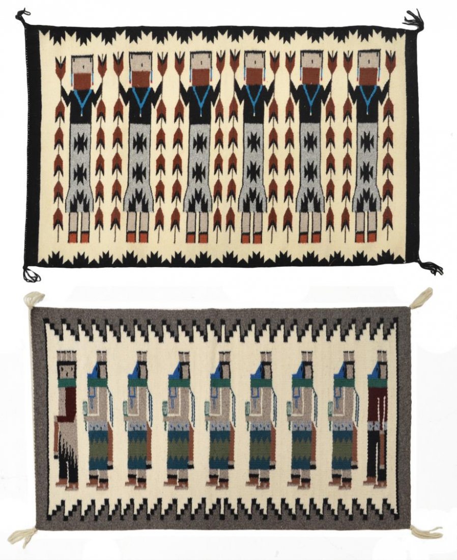 (2) NATIVE AMERICAN YEI PICTORAL WOVEN RUGS: (lot of 2) Native American Yei pictorial rugs, (1) having yei spirit figures holding corn stalks and feathers, and (1) with yei figures walking in profile, largest: 3’l, 2’1”w, 2.5lbs total Star