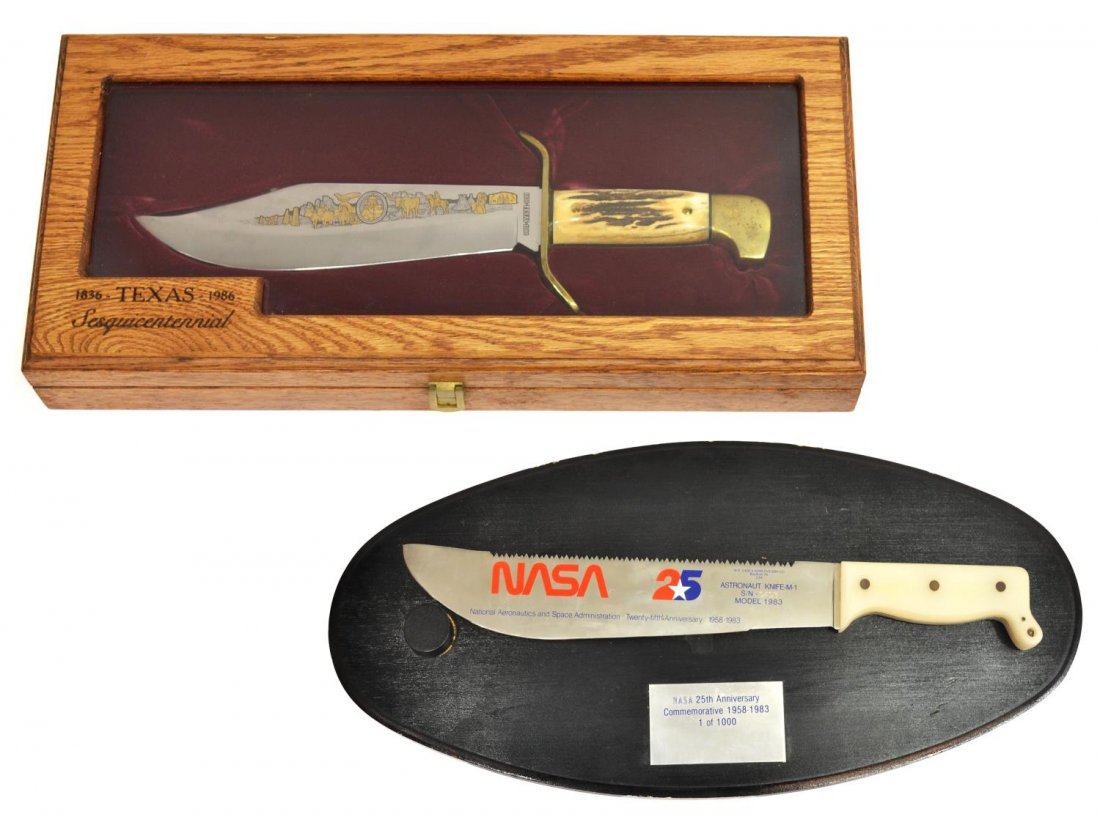 (2)COMMEMORATIVE KNIVES, BOWIE & CASE, NASA, TEXAS: (lot of 2) Commemorative knives, comprising: (1) Bowie knife commemorating Texas Sesquicentennial (1836-1986) with wood display case, Western Knife Company, stag handle with gold Texas cattle and wago