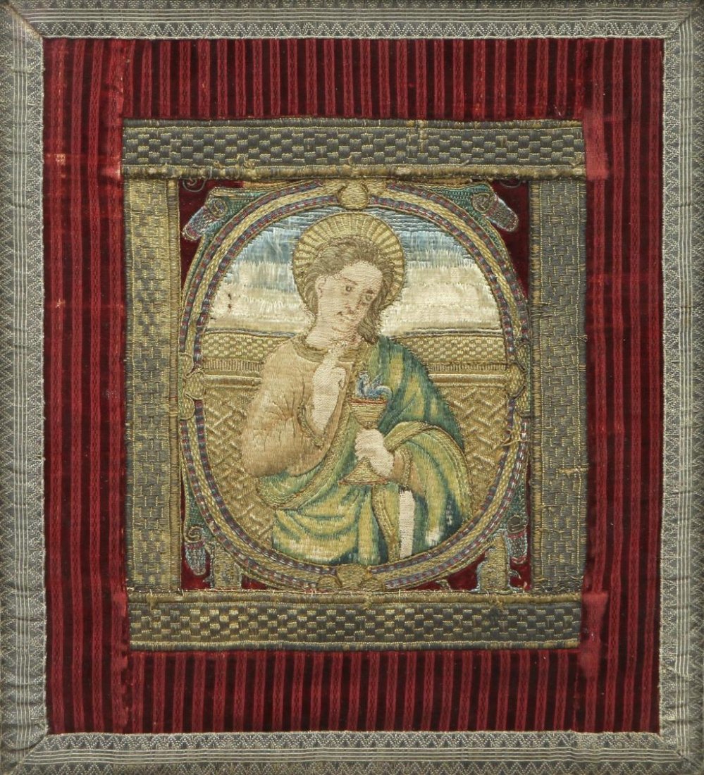 FRAMED RELIGIOUS EMBROIDERY, A DEPICTION OF CHRIST: Framed tapestry, Continental, a depiction of Christ standing with a chalice in his hand, sewn in multi-color metallic and silk thread, sight: 14"h, 12.25"w, overall: 16.75"h, 15.5"w, 3.5lbs Start Pric