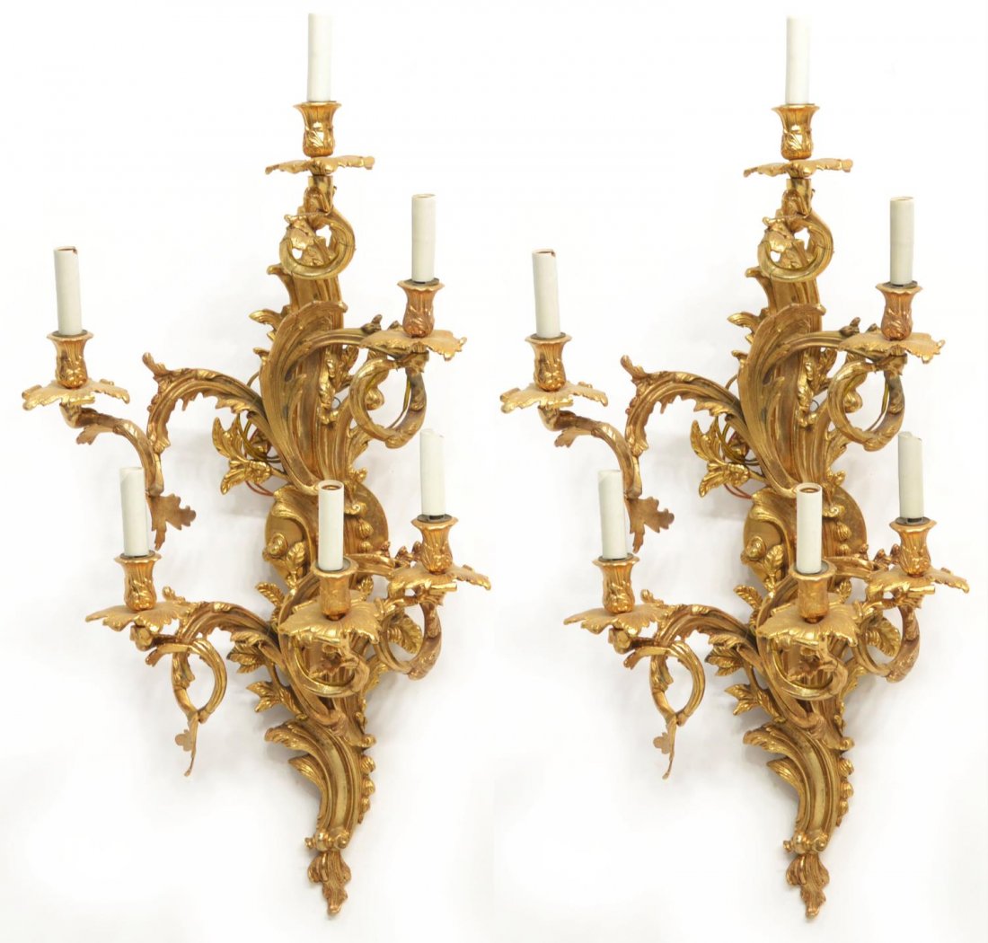 (PAIR) LOUIS XV STYLE DORE BRONZE WALL LIGHTS: (pair) Louis XV style Dore bronze wall sconces, six scrolling arms with foliate accents terminating in lights, the whole having foliage and flowers, some loss to candle covers, restorations to arms, a