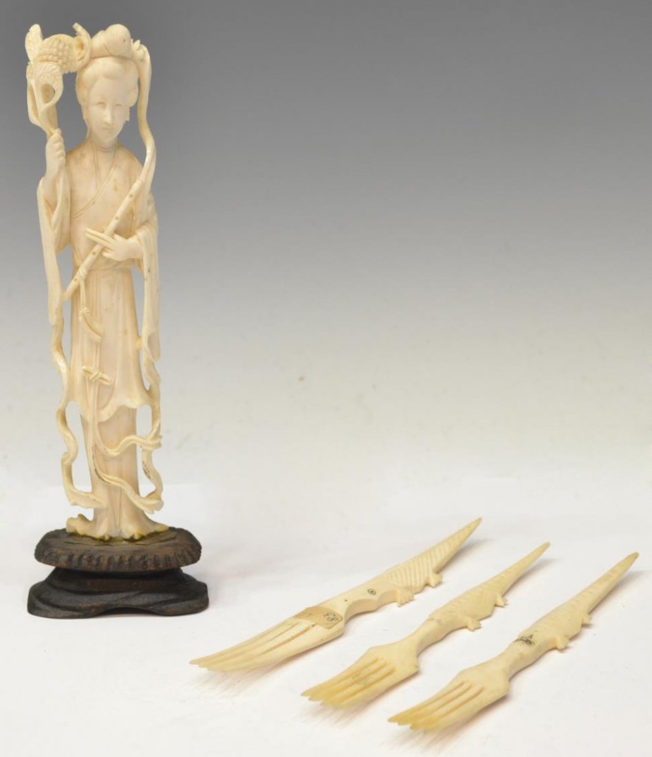 (4) CARVED IVORY FEMALE FIGURE & THREE IVORY FORKS: **This Lot Will Not Be Shipped Internationally** (lot of 4) Ivory sculptures: (1) carved standing female figure holding a flute in one hand and floral in the other, glued to a wood stand, 7"h, 1.5"w,