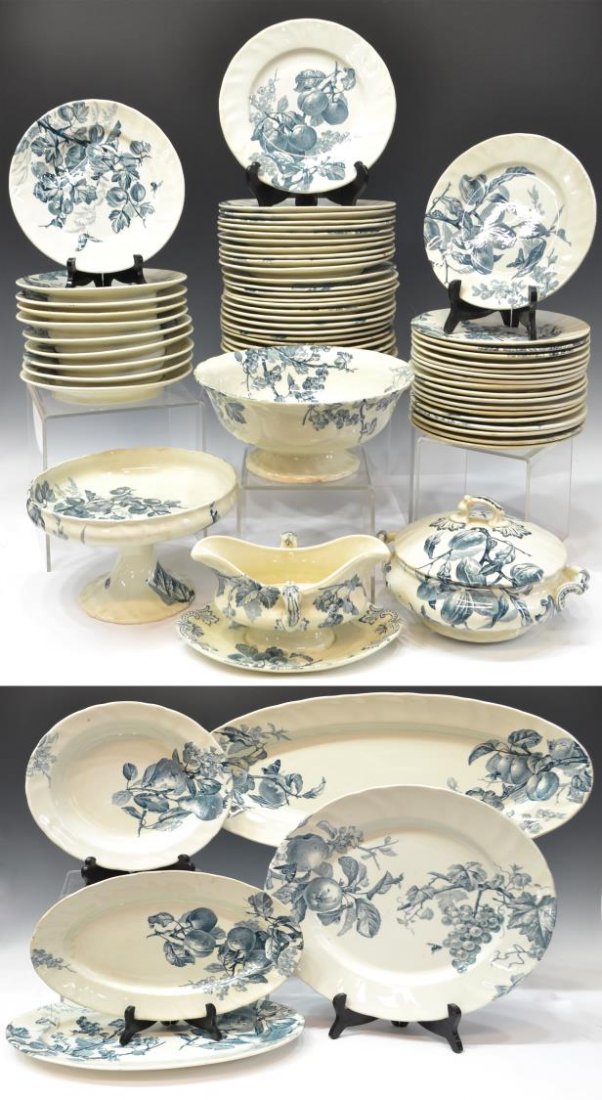 FRENCH CRIEL MONTEREAU FAIENCE DINNER SET: (set of 75) French Creil Montereau partial earthenware dinner service for ten with extras, late19th c., printed fruits, insects, and foliage of blue tones on a white ground, comprising: (28) lunch pla