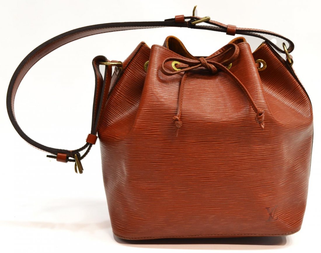 LOUIS VUITTON EPI LEATHER NOE SHOULDER BAG: Louis Vuitton 'Noe PM' drawstring shoulder bag in brown Epi leather, light brown suede interior showing slight wear and stain at bottom as pictured, 10.75"h, 10.5"w, 1.5lbs Start Price: $200.00