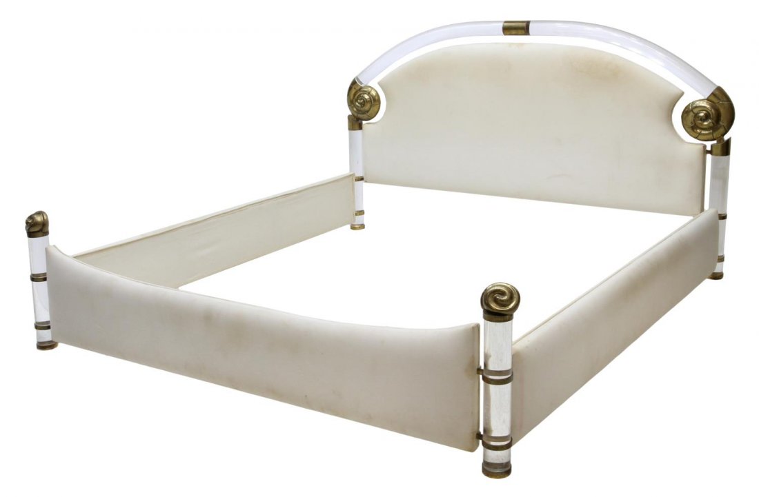 GABRIELLA CRESPI MODERN DESIGN LUCITE BRASS BED: Modern king size bed, design by Gabriella Crespi (Italian, b. 1922), the headboard with an arched colorless Lucite crest rail terminating in scrolled brass connecting to brass accented lucite vertical