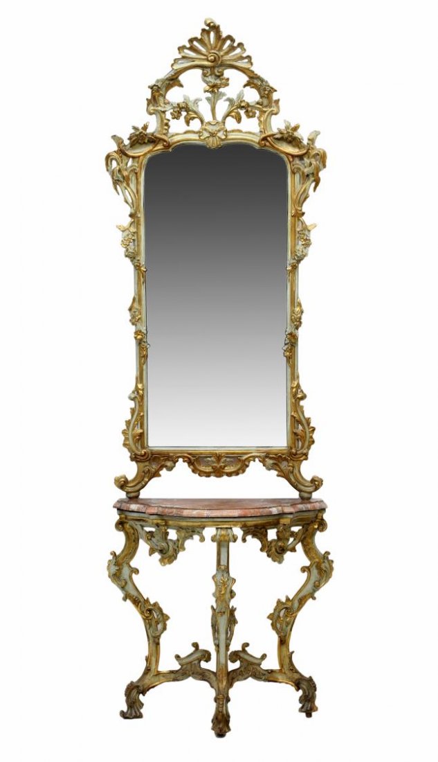 LOUIS XVI STYLE MARBLE & MIRRORED CONSOLE TABLE: French Louis XVI style parcel gilt mirrored marble top console table in original paint, early 20th c., the mirror frame and table highly carved with foliate and shell decoration, repairs, 107.5"h, 34.