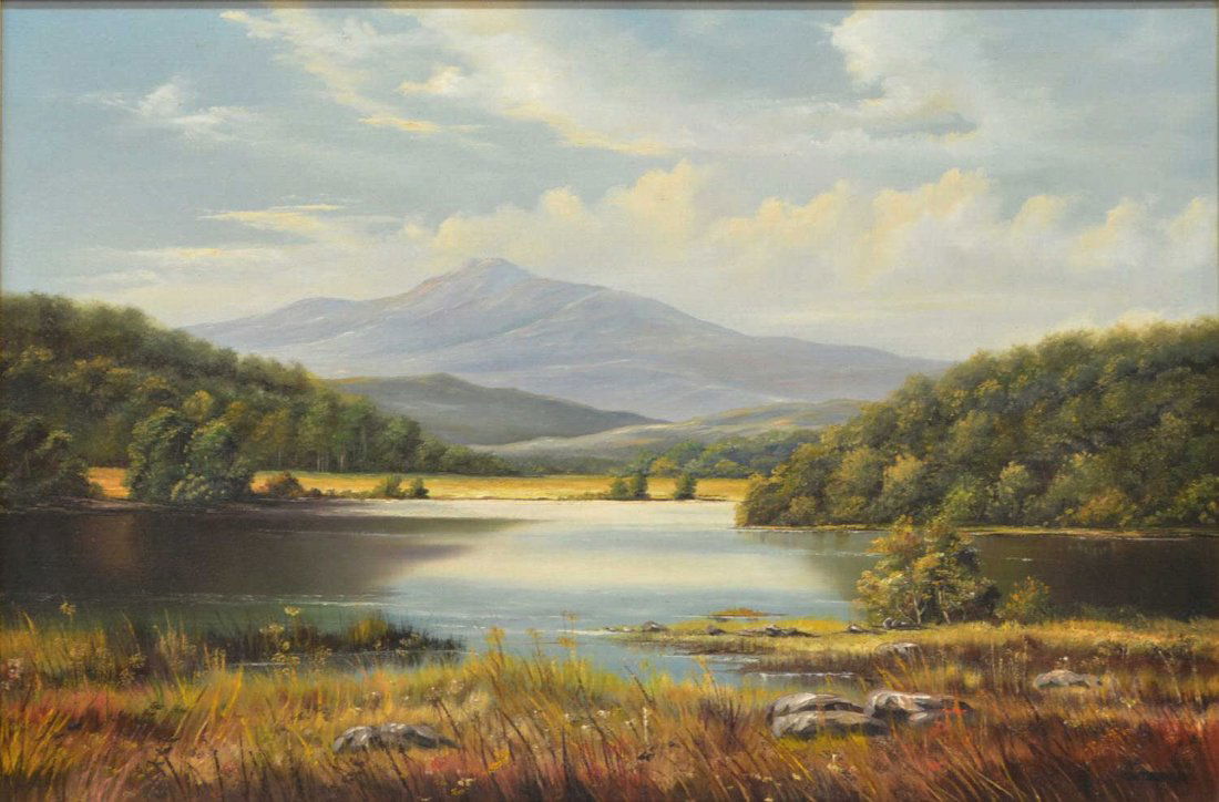 PAINTING: LANDSCAPE, J.W. THRASHER,TEXAS, B. 1940: Framed oil painting on canvas, Texas Lake & Hills, signed lower right JW Thrasher (J.W., Jerry Thrasher, Texas, b. 1940), sight: 23.5"h, 35.5"w, overall: 31"h, 43"w, approx 9.5lbs Start Price: $1000.0