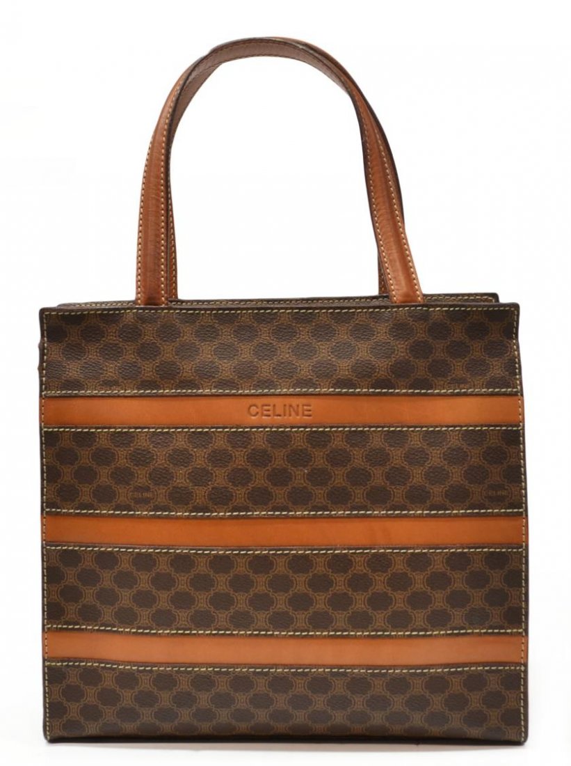 CELINE VINTAGE MACADAM CANVAS & LEATHER HANDBAG: Celine vintage macadam monogram canvas and natural brown leather tote bag, brown leather interior with zipper pocket, bag: approx 9.25"h, 10"w, 3.5"d, .25lb Start Price: $150.00