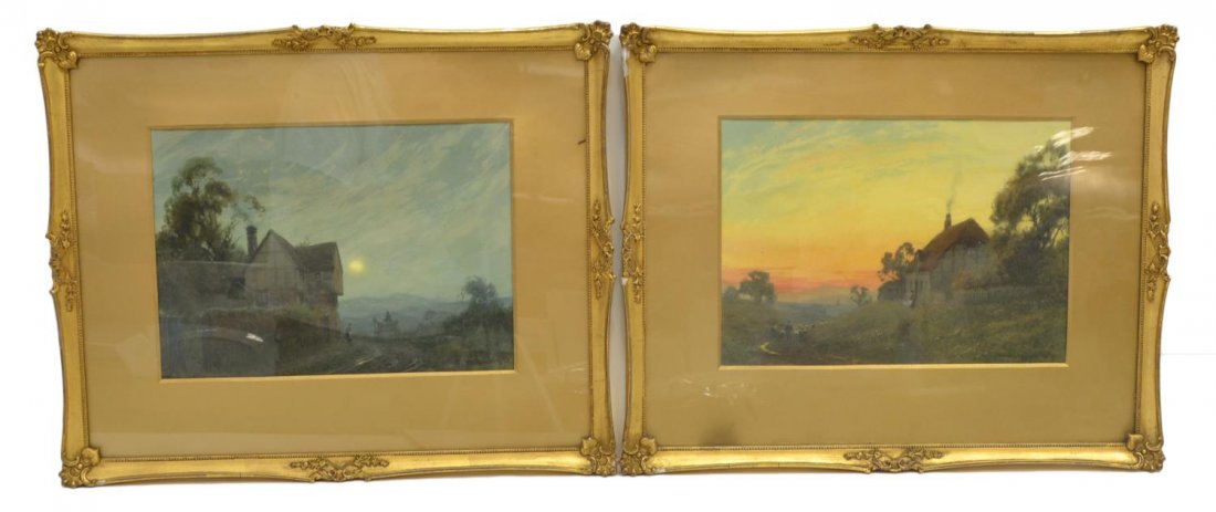 (2) WATERCOLORS, FIGURAL LANDSCAPES, C. WILKINSON: (lot of 2) Framed watercolor paintings on paper depicting figural landscape scenes at sunrise and sunset, both signed and dated C. Wilkinson 20 (Charles A. Wilkinson, British, fl. 1881-1925), retainin
