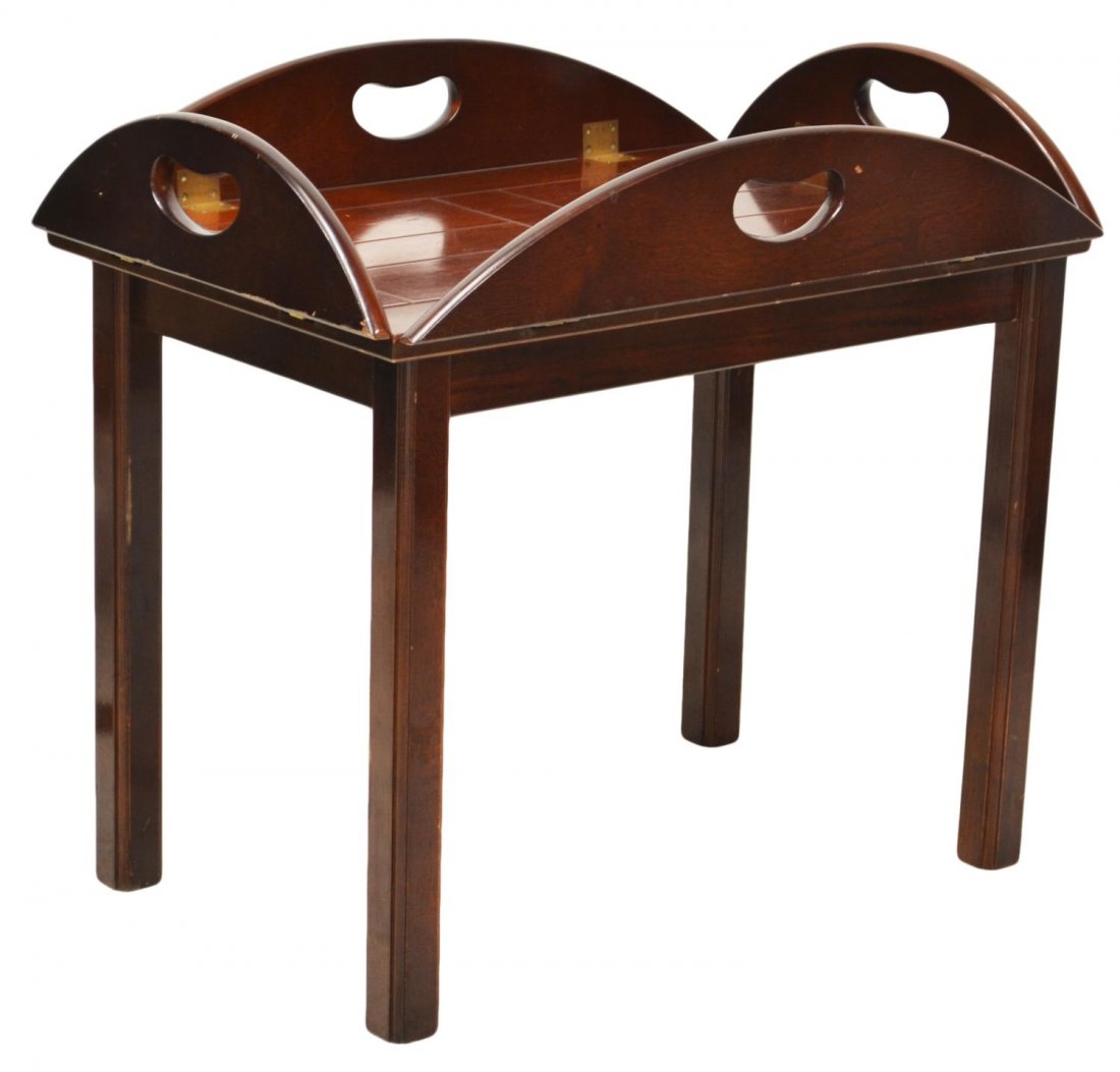ENGLISH MAHOGANY BUTLER'S TRAY ON STAND: English mahogany butler's tray on stand, 20th c., the removable tray with folding sides and carry handles set on the stretcher joined straight leg stand, tray sides raised: 24.75"h, 27.25"w, 17.75"d, 