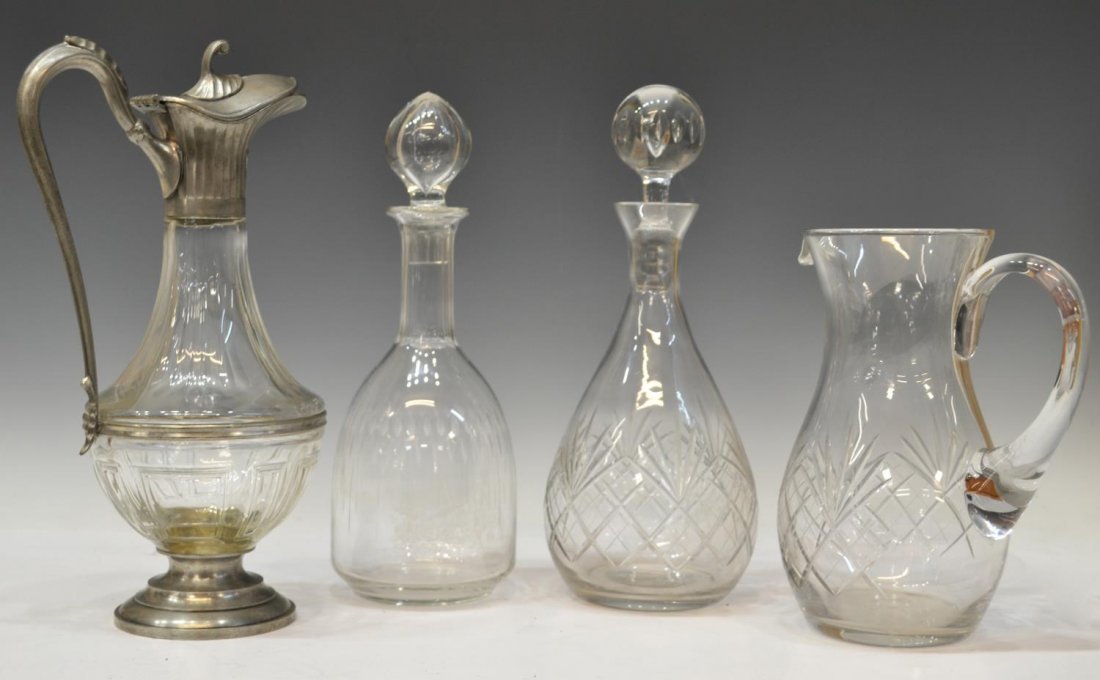 (4) PEWTER MOUNTED CLARET & CUT GLASS BARWARE: (lot of 4) Collection of cut and colorless glass barware: (1) French pewter-mounted claret jug, Etains Du Manoir, a Ducoras trademark, Paris, approx 12"; (1) decanter and (1) pitcher having cut crissc