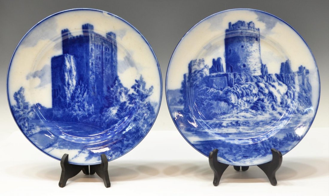 (2)ROYAL DOULTON FLOW BLUE PLATES, CASTLES: (pair) Royal Doulton flow blue plates, early 20th c., (1) depicting Rochester Castle and marked D3610, and (1) depicting Pembroke Castle, marks as pictured, each 10.5"diam, 2.5lbs total Start Price: $