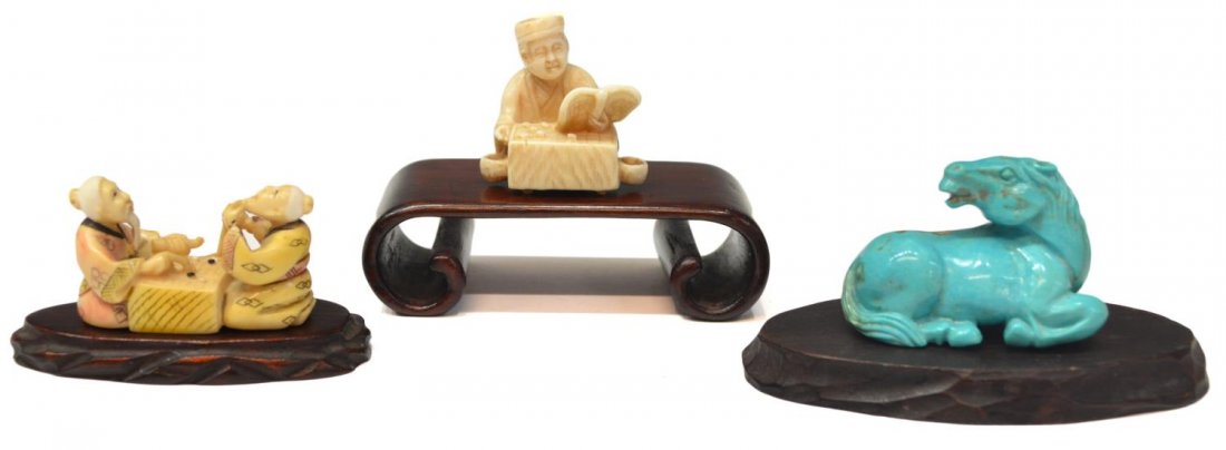 (3) FIGURAL IVORY & TURQUOISE NETSUKES: (lot of 3) Signed ivory netsukes each with wood base: (1) depicting two elderly men playing a board game, 1"h, 1.75"w; (1) depicting a scholar studying a book and board game, 1.25"h, 1.3/8"w; together