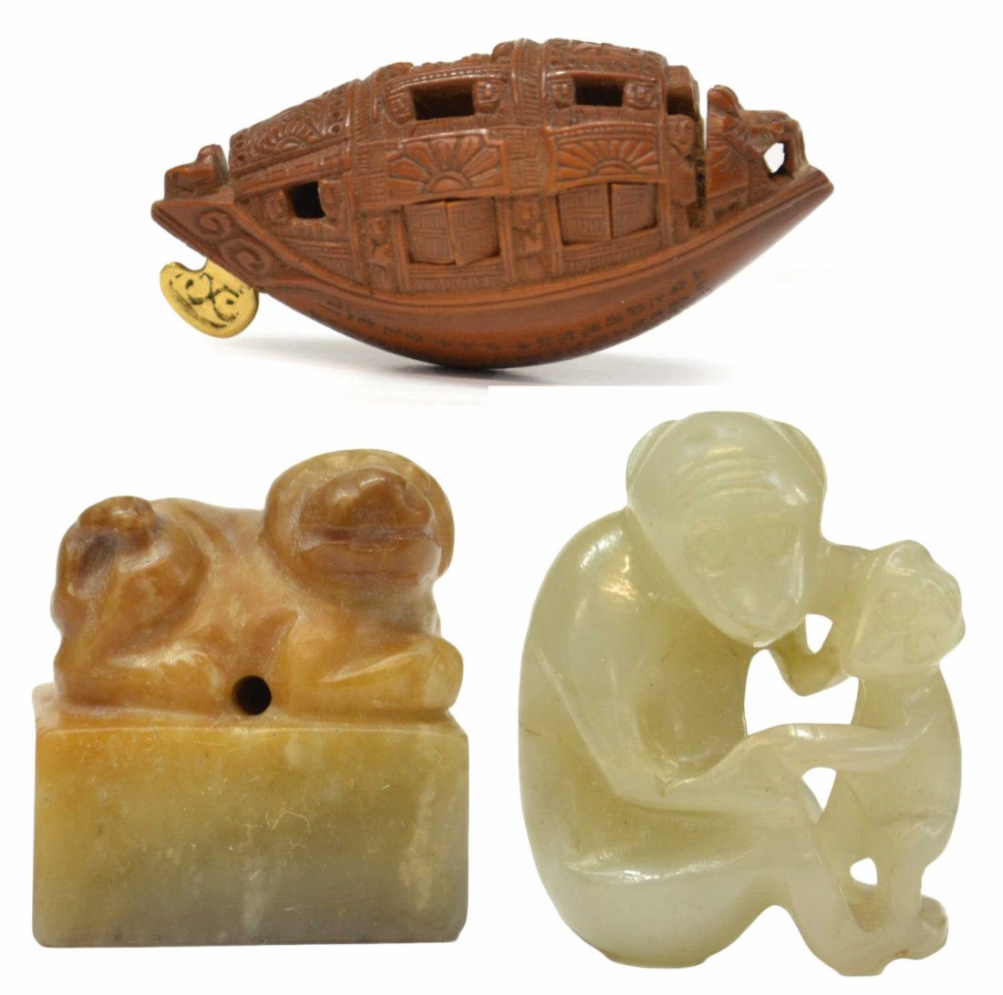 (3) CHINESE HEIDAO NUT & FIGURAL STONE CARVINGS: (lot of 3) Collection of Chinese carved decorative items, comprising: (1) Heidao nut wood micro-carving in the form of a boat, the whole having incised decoration and windows that open to figures, gol