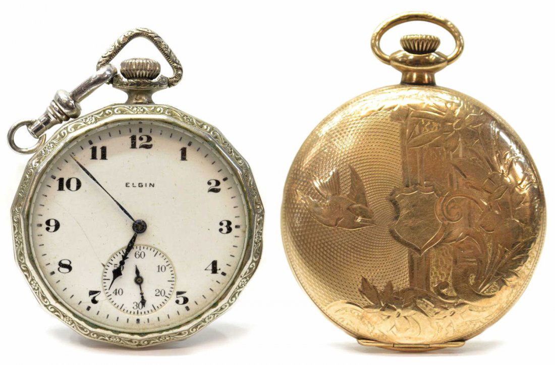 (2) OPERATING ELGIN POCKET WATCHES ONE HUNTER CASE: (lot of 2) Vintage pocket watches: (1) Engraved hunter Philadelphia gold fill case Elgin, Arabic numerals, second hand at sub dial, SN 24335383 (mfg. 1921); (1) Elgin silver color Illinois case, Arabi