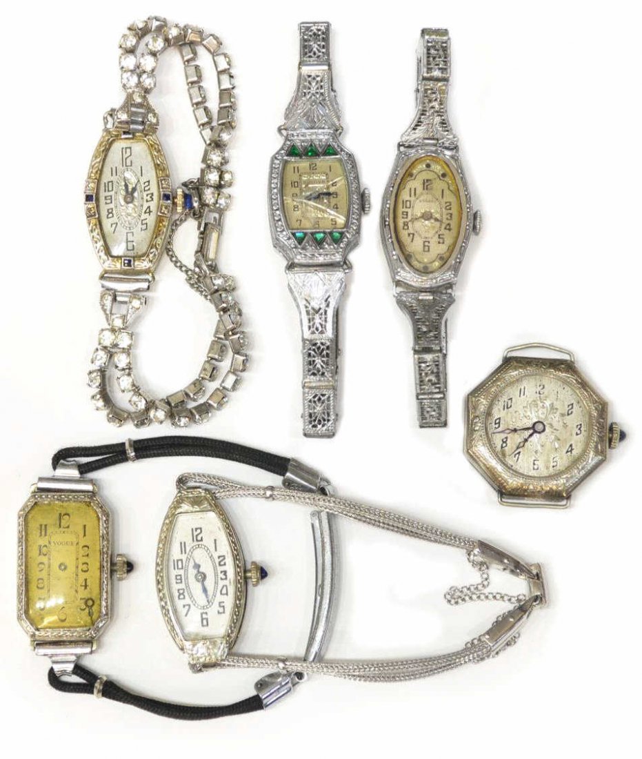 (6) VINTAGE & ANTIQUE GOLD & METAL WATCHES, PARTS: (lot of 6) Antique and vintage ladies watches, overall loss and wear to the group, (1) 14kt gold case only, (1) 18kt gold case only, the other (4) either gold filled or metal, various makers and state