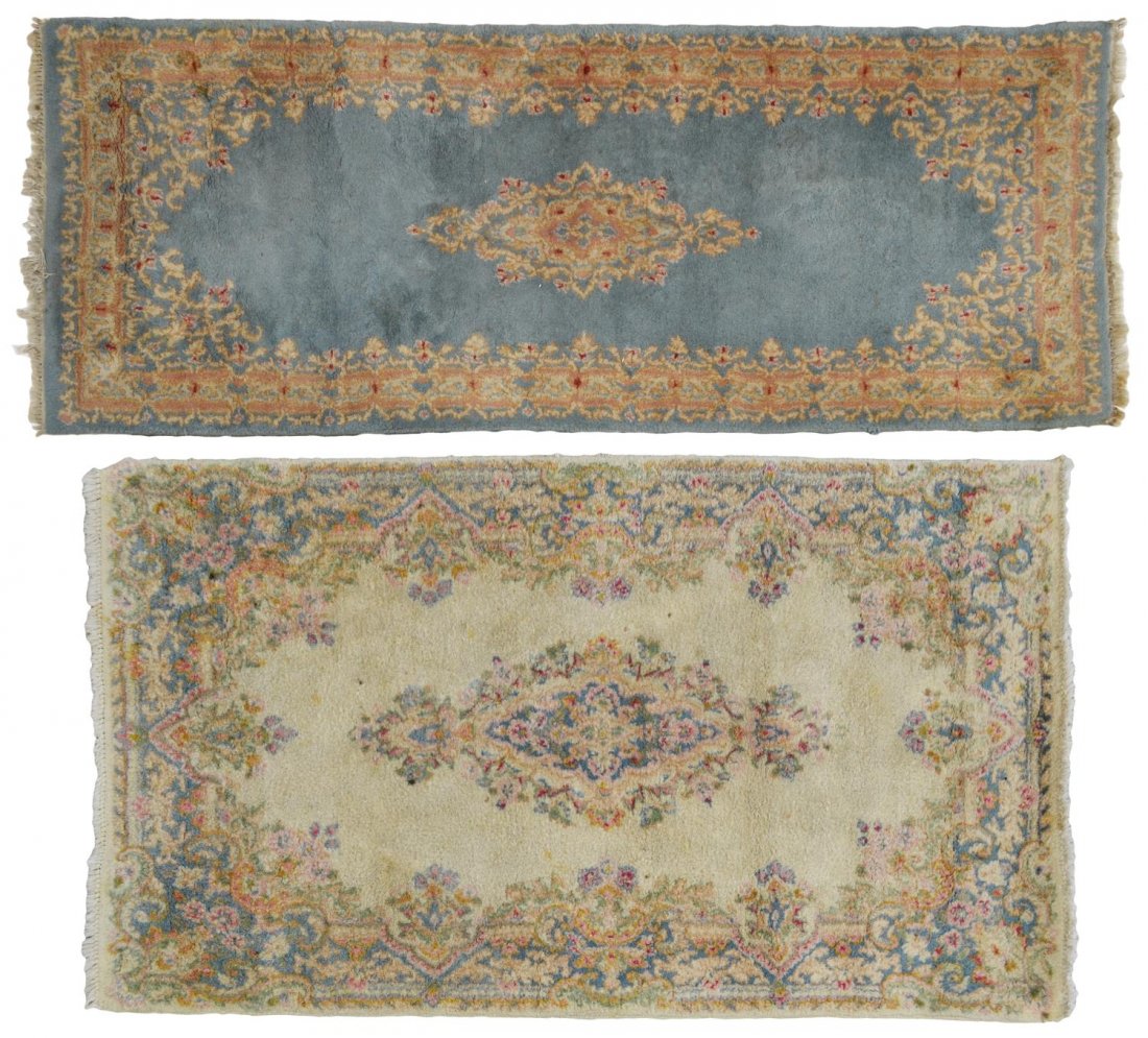 (2) PERSIAN IMPERIAL KERMAN RUNNER & PERSIAN RUG: (lot of 2) Persian hand made wool surface runner, Imperial Kerman, foliate and floral patterns in tan, brown, and rose tones on a blue ground, tag as pictured, some wear and minor stains, 6'7"l, 2'7"w