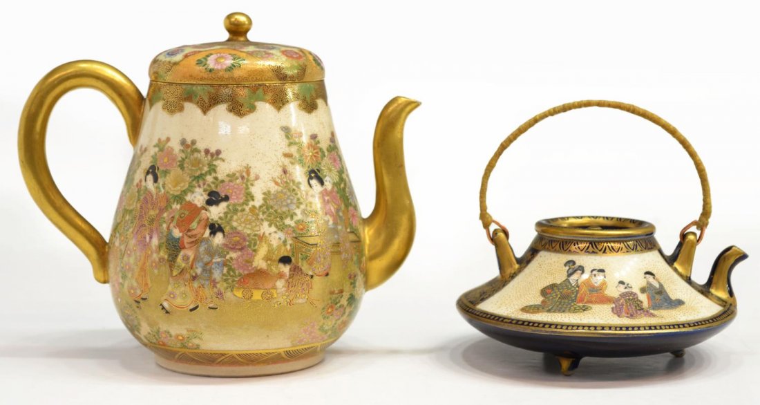 (2) JAPANESE SATSUMA-STYLE EARTHENWARE TEAPOTS: (lot of 2) Japanese Satsuma-style earthenware teapots, early 20th c., comprising: (1) bulbous loose teapot, heavily gilded and painted in polychrome enamels with floral and figural garden scenes set o