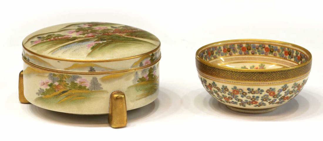 (2) JAPANESE SATSUMA-STYLE EARTHENWARE BOX & BOWL: (lot of 2) Japanese Satsuma-style earthenware items, comprising: (1) circular lidded box, 20th c., the exterior showing a gilt and enamel painted mountain landscape, interior with pink flowering cherr