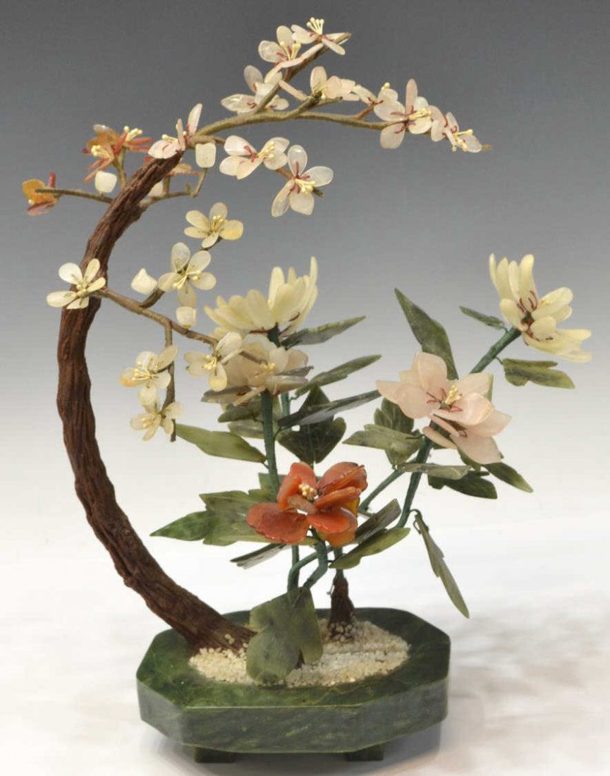 CHINESE JADE & HARDSTONE FLOWERING TREE: Chinese hardstone tree, flowering branches of carnelian, rose quartz, and jade, set in a jade planter, some loss to petals, approx 13.75"h, 9"w, 7.75"d, 4.25lbs Start Price: $50.00