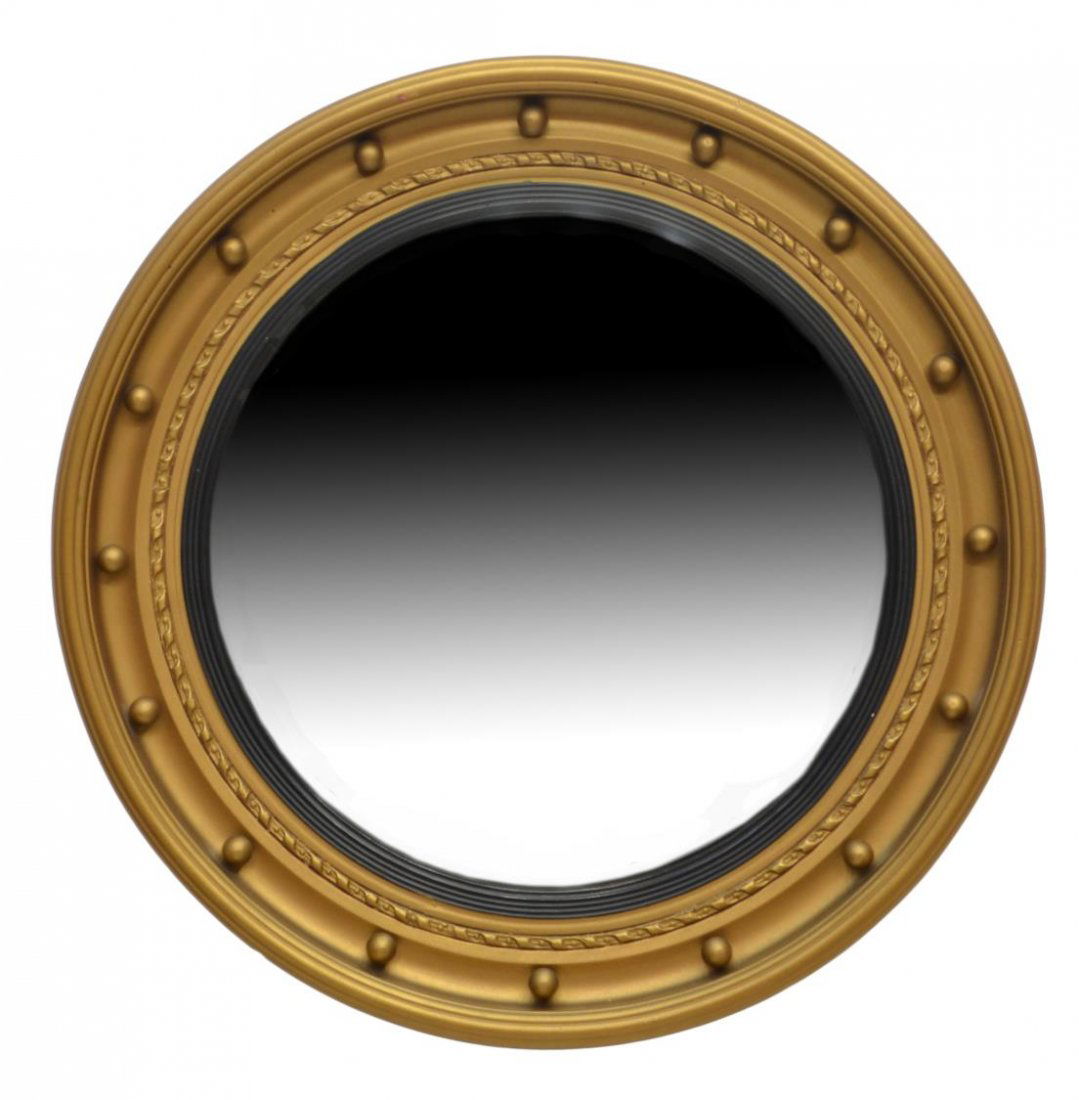 ENGLISH GILTWOOD CONVEX ROUND WALL MIRROR: English giltwood convex wall mirror, the circular frame surrounded by a border with roundels, some wear to rim, some spotting, mirror: approx 13.5"diam, overall: approx 19.75"diam, 6.75lbs Start Price
