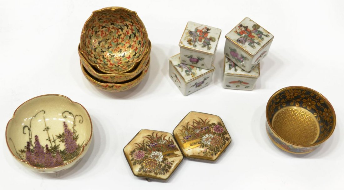 (10) JAPANESE SATSUMA & PORCELAIN CABINET ITEMS: (lot of 10) Japanese Satsuma earthenware and other porcelain cabinet items, comprising: (1) hexagonal belt buckle, parcel gilt polychrome foliates, 1.75"h, 3.25"w; (1) scalloped miniature bowl, the ex