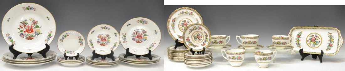 COALPORT 'MING ROSE' & GINORI 'RIVIERA' DINNERWARE: (set of 30) Coalport 'Ming Rose' porcelain dinnerware, including (12) plates, 7.75"diam; (3) footed teacups, 2.75"h; (2) large teacups, 3"h; (12) saucers, 5.5"diam; (1) rectangular tray, 11.25"l, 5.5"