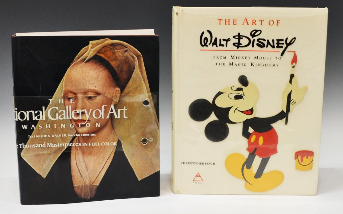 BOOKS: ART OF WALT DISNEY & NATL. GALLERY OF ART: (lot of 2) Books: 'The Art of Walt Disney, From Mickey Mouse to the Magic Kingdoms' by Christopher Finch, 1973, published by Harry N. Abrams, Inc, large hard cover book with clear plastic dust cover o