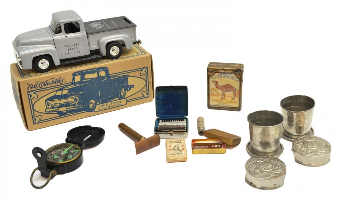 (LOT) COLLECTIBLES, FORD, JEMCO, RAZORS, COMPASS: (lot) Vintage collectible items, comprising: (1) first edition 20th anniversary 1956 Bulldog Brand Knife Co. 1/25 scale replica Ford pickup (Ertl Collectibles, Dyersville, Iowa), 1995, die-cast metal,