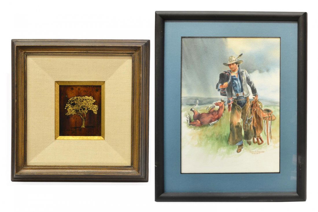 (2) NAVAJO PAINTING & JACK WHITE GOLD LEAF ART: (lot of 2) Framed American artwork: (1) Echruseos (gold leaf) painting, Tree, signed lower left Jack White (Texas, b. 1933), sight: 4.5"h, 3.5"w, overall: 12.75"h, 11.5"w; (1) watercolor, Navajo and H