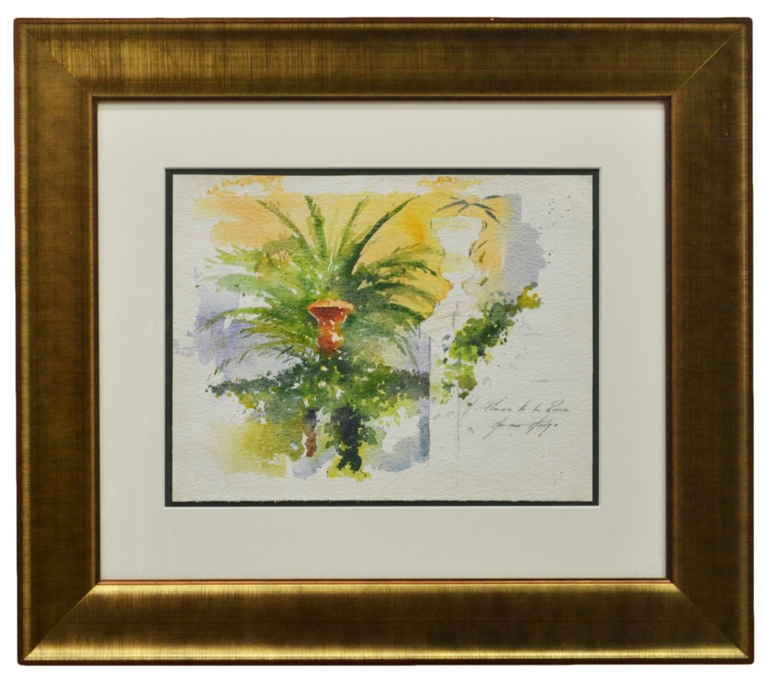 PAINTING, MARCUS HODGE (ENGLAND, B. 1966): Framed water color painting on paper, Garden Scene, signed lower right Marcus Hodge (England, b. 1966), sight: 11.5"h, 15"w, overall: 23"h, 26.25"w, 5.5lbs Start Price: $100.00