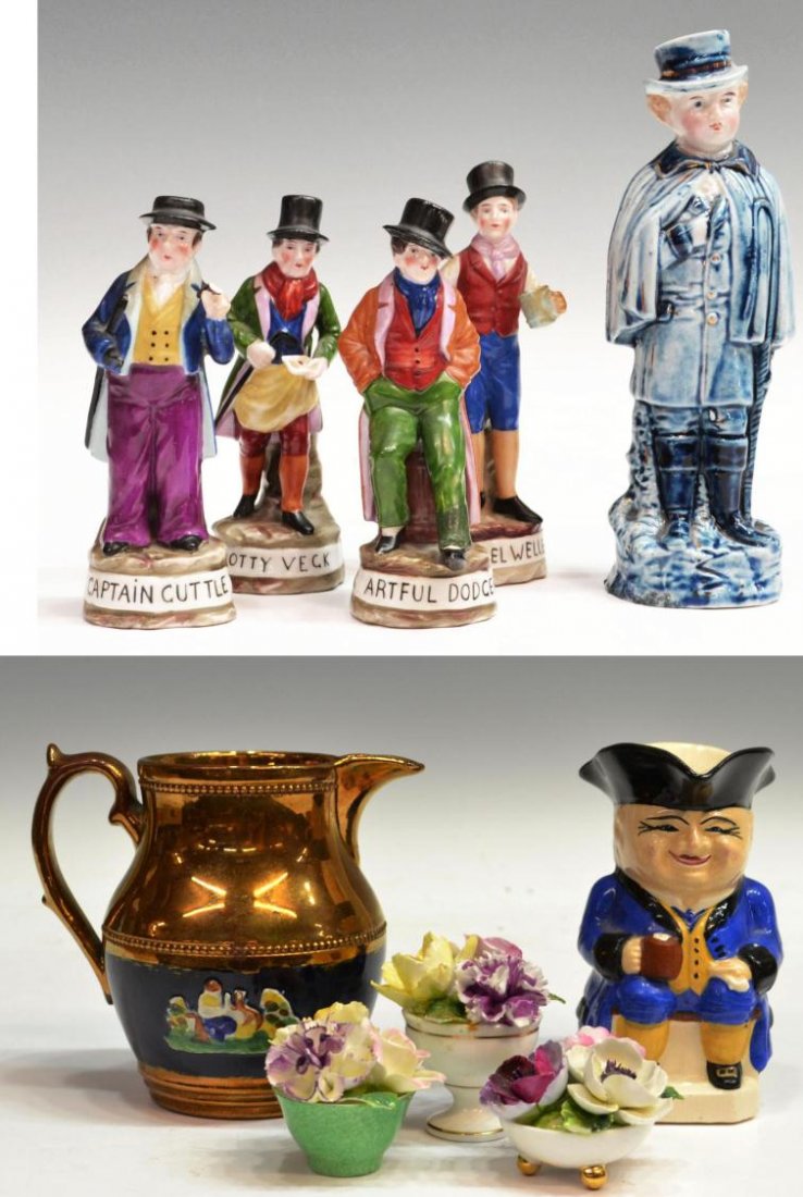 (10) ENGLISH PORCELAIN FIGURES, TOBY JUG, FLOWERS.: (lot of 10) Collection of English porcelain figures, 19th c., comprising: (1) Samuel Weller, 6"h; (1) Trotty Veck, repaired at coat, 5.5"h; (1) Artful Dodger, foot repaired, 5.25"h; (1) Captain Cuttle