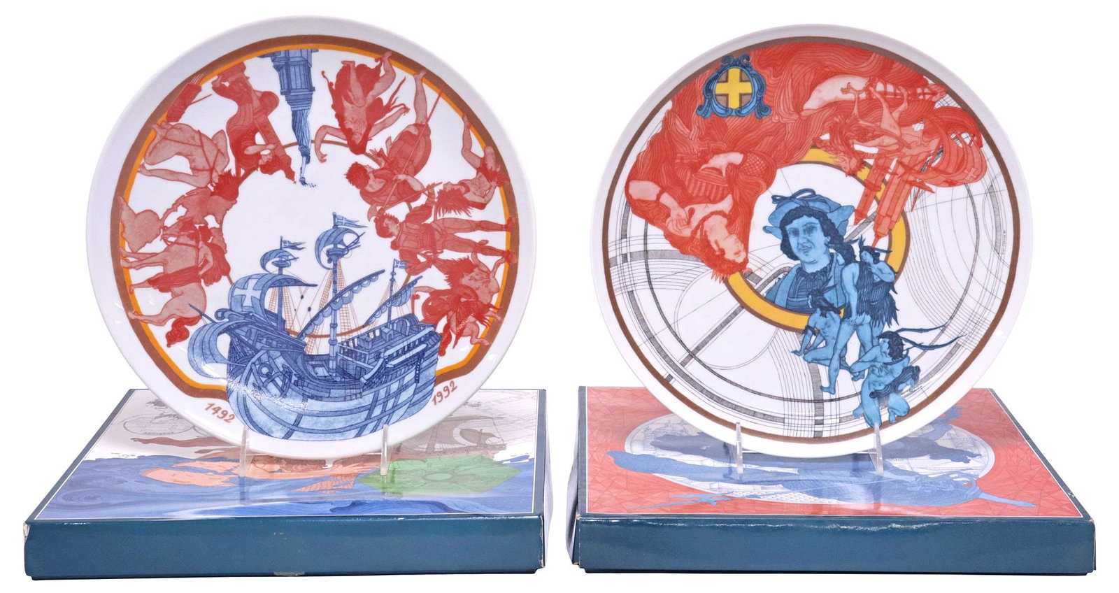 (2) LIMITED EDITION PRINTED COLOMBUS CHARGERS AFTER PIER CANOSA (B.1940): (lot of 2) Limited-edition porcelain chargers, each with transfer-printed designs after Pier Canosa (Italian, b.1940), commemorating the 500th anniversary of Christopher Columbus arriving in the Ameri