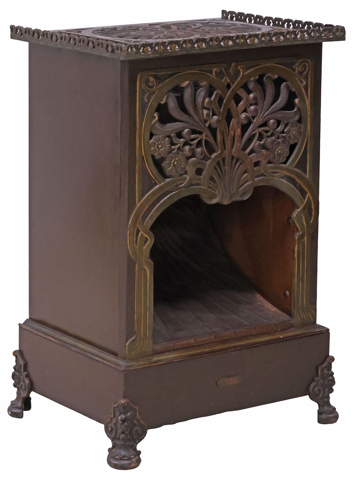 GERMAN ALPH MICHEL ART NOUVEAU PERIOD CAST IRON PARLOR STOVE: German Art Nouveau period cast iron parlor stove, Alph Michel, early 20th c., having openwork top and apron with stylized floral and foliate motifs, pierced three-quarter gallery, above fluted chamber