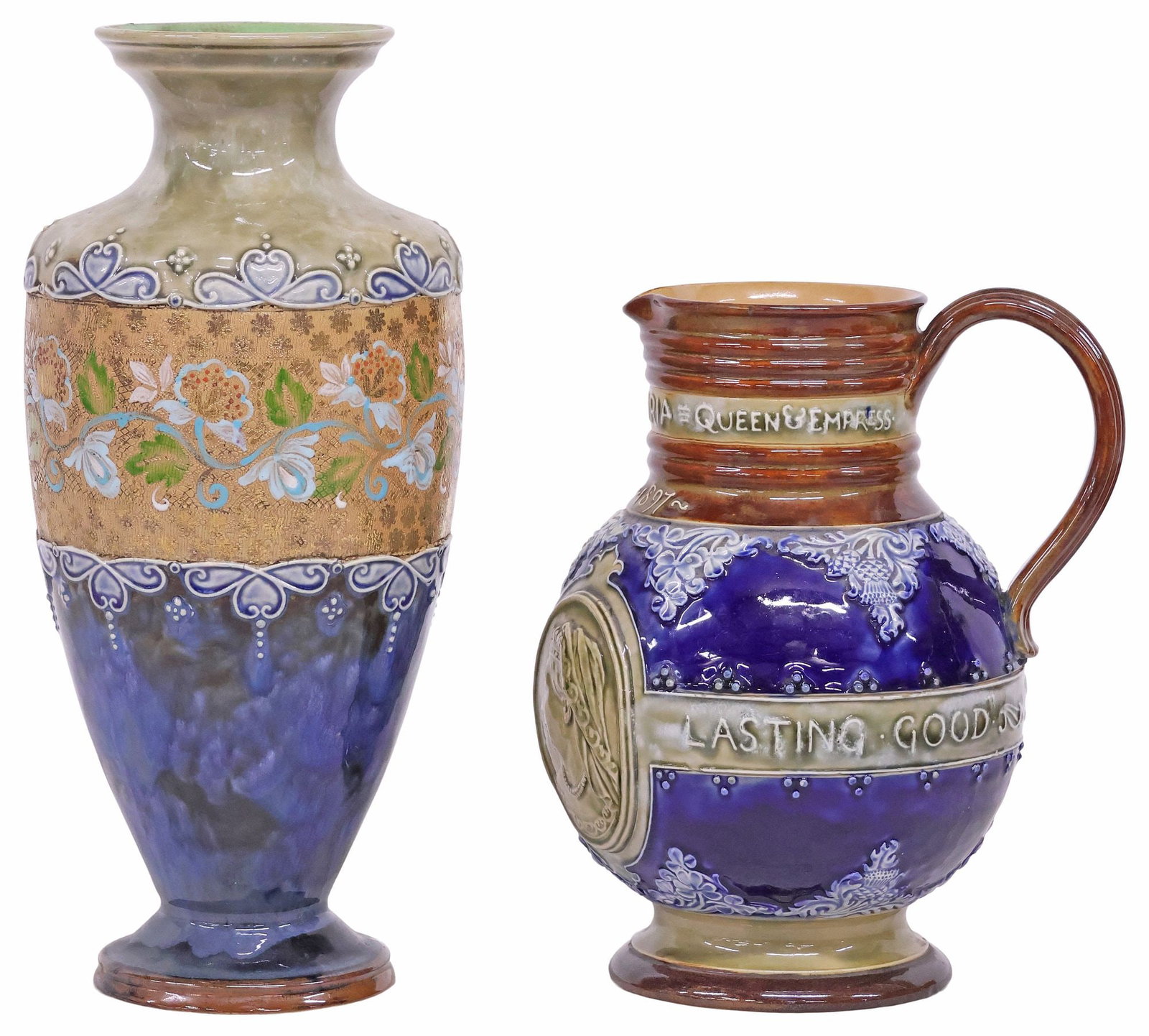 (2) ENGLISH ROYAL DOULTON SLATERS PATENT VASE & DOULTON LAMBETH JUG: (lot of 2) English glazed stoneware vessels, including: (1) Royal Doulton Slaters Patent vase, early 20th c., having parcel-gilt floral band, on mottled tonal ground, stamped maker's mark and incised 
