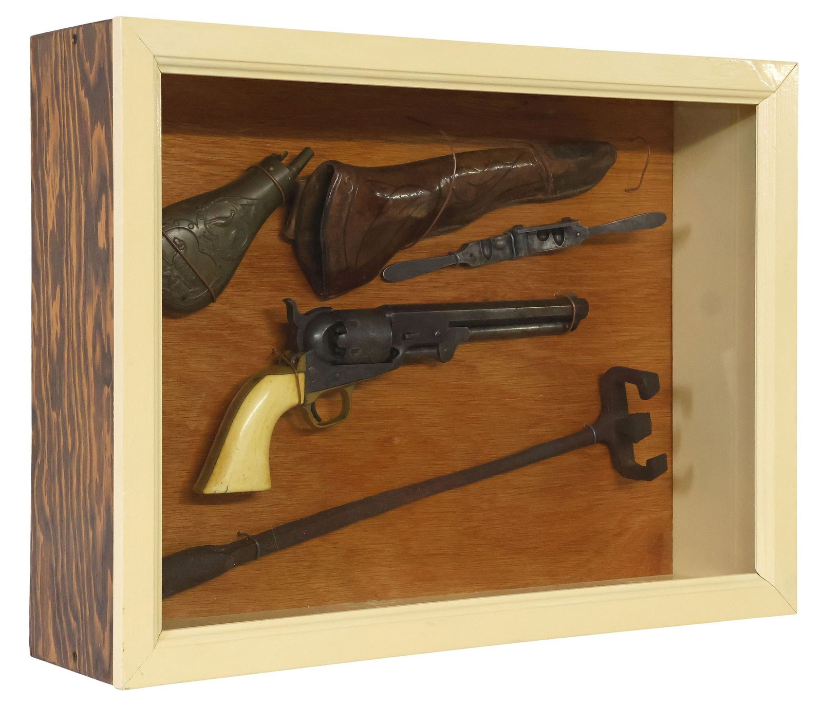 VALENTINE JEHL, TEXAS, COLT NAVY, BRAND IRON, HOLSTER, MOLD, ALL 19TH C: (lot) Sealed shadow box with glass top holding items once belonging Valentine Jehl (Guadalupe County, Texas,1849-1938) including: (1) Colt Model 1851 Revolver, Fourth Model, 36 caliber, octagonal 7.5&
